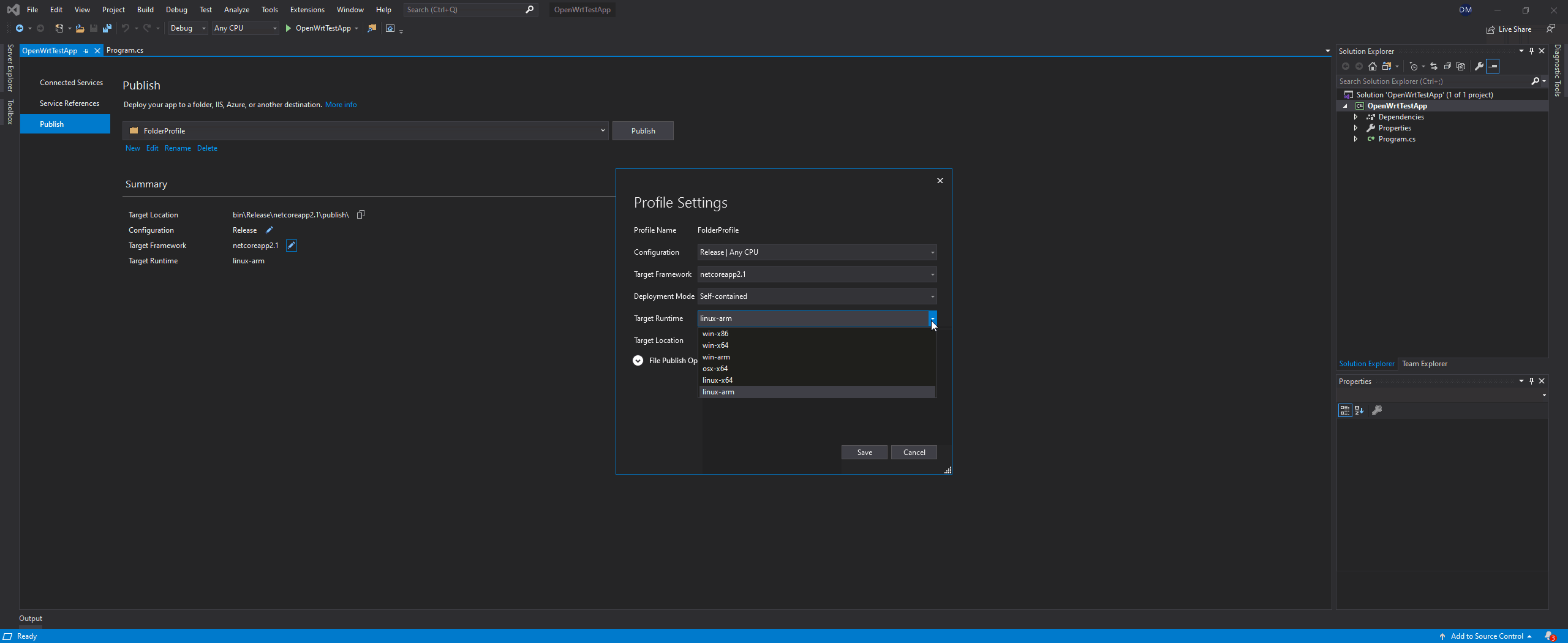 The Visual Studio publish screen